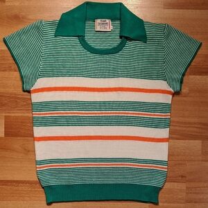 Vintage Orange and Green Collared Crewneck Sweater Top with Stripes
